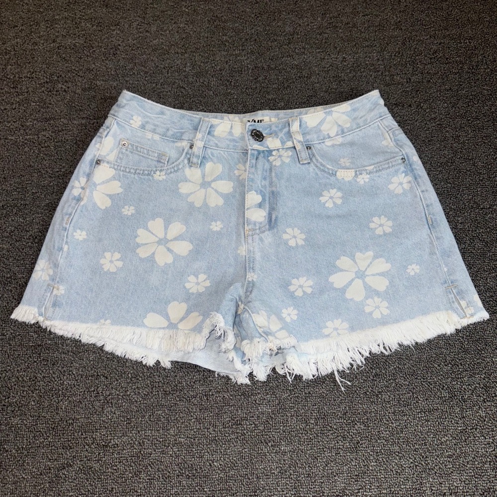 YMI Floral Print High Rise Denim Shorts Light Wash Frayed Hem Size 3/26 Preppy